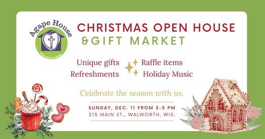 Celebrate the season with Agape House this Sunday, Dec. 11. 
Come see their beautifully decorated facility and enjoy festive music and refreshments. Find unique gift items for sale and enter to win raffle items.
No admission fee. Freewill donations appreciated

https://www.facebook.com/events/3386030118292959