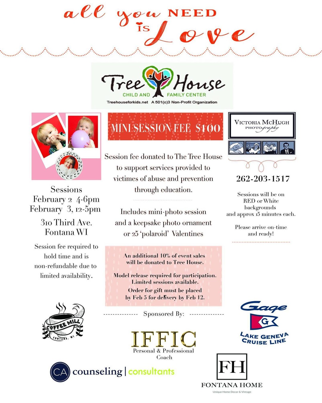 We love when all people and businesses also give to the community! So we wanted to share this offer found by a member. <3 Victoria McHugh Photography LLC is offering mini-sessions this Thursday and Friday and she is donating the session fee to Tree House Child and Family Center. Plus and additional 10-15% of event sales also goes to Tree House. Call (262) 203-1517 for more information. (The sessions are intended for individual children)