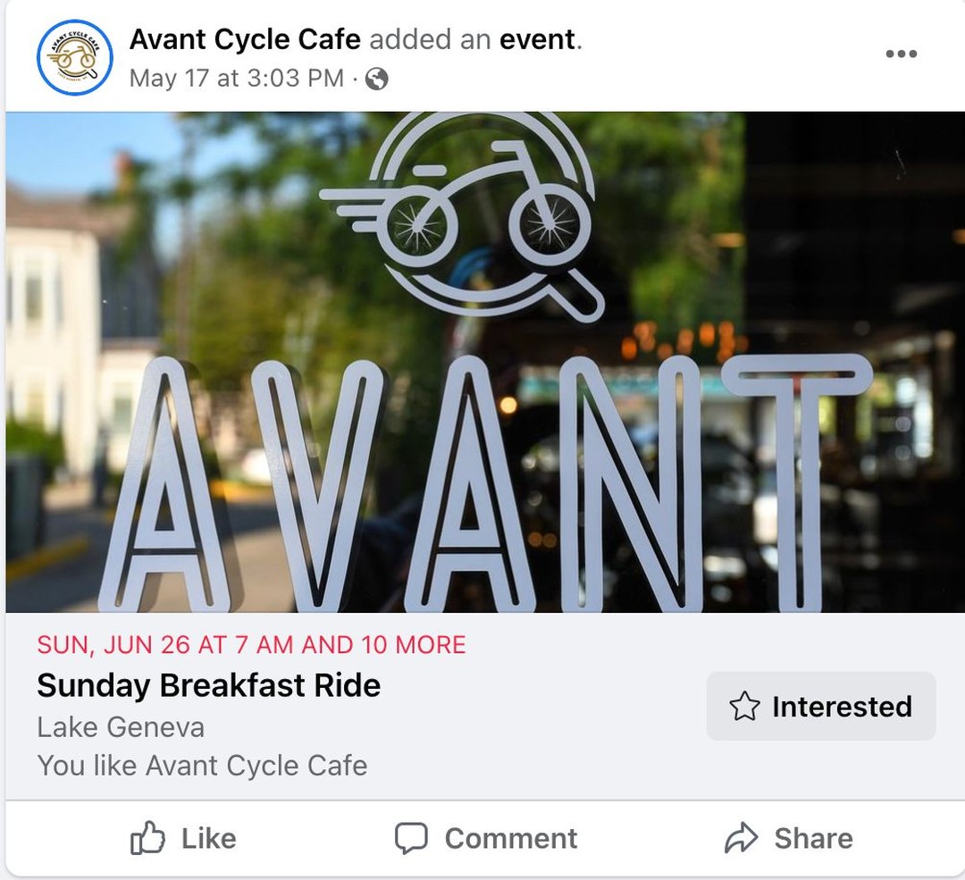 Happy Bike-to-Work Day!  Bike to Work Day is an annual event that promotes the bicycle as an option for commuting to work.

To celebrate we went to the facebook page of Avant Cycle Cafe to see whats up and found the event below on Sundays! Sounds like a great weekend event for bike enthusiasts!

--------
Come ride with us to a breakfast/snack spot in Walworth county. Casual pace 12-15mph, total average distance 30 miles round trip. See our webpage for more info. https://www.avantcyclecafe.com/group-rides

FB click here to see event https://www.facebook.com/events/548265746861426/548265760194758/?ref=newsfeed