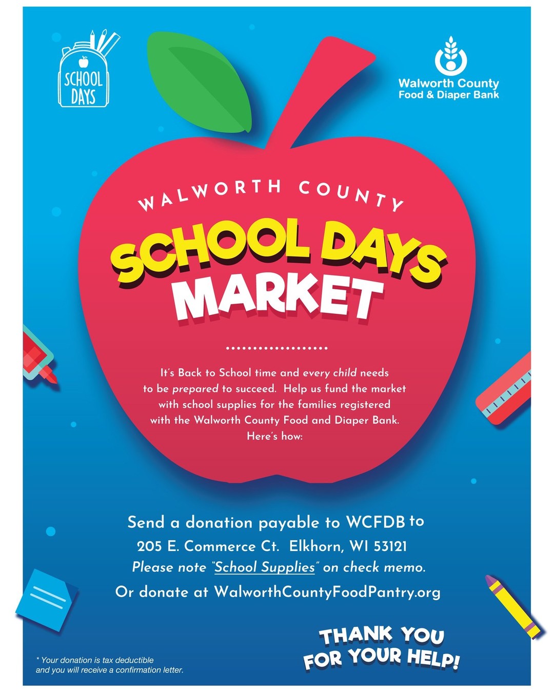 For their school days program, which provides school supplies for the families registered with the pantry, the Walworth County Food Pantry and Diaper Bank is getting ready.

Please consider helping to fund their mission. You can send a check payable to w WCFDB to 205 E. Commerce Ct.  Elkhorn, WI 53121, with "school supplies" noted in the check memo.
 
Or donate at WalworthCountyFoodPantry.org

Thank you for your help!

#GLWA #SharePost